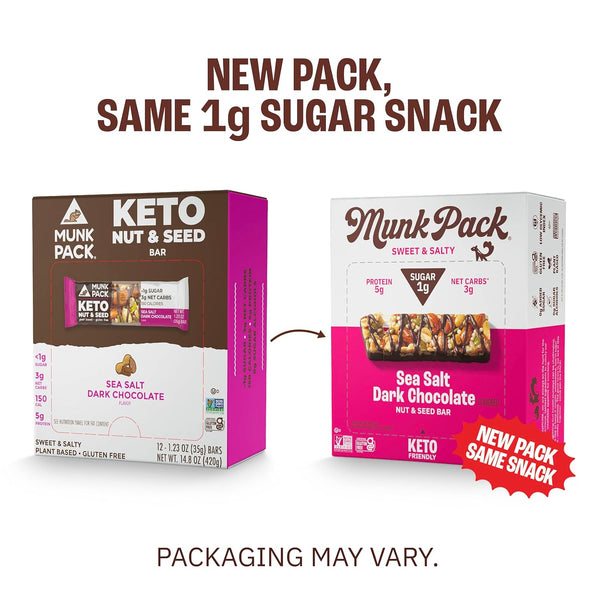 Munk Pack Fiber Nut Bars, Sea Salt Dark Chocolate, Gluten Free, 5g Fiber, 3g Net Carb, 24 Count