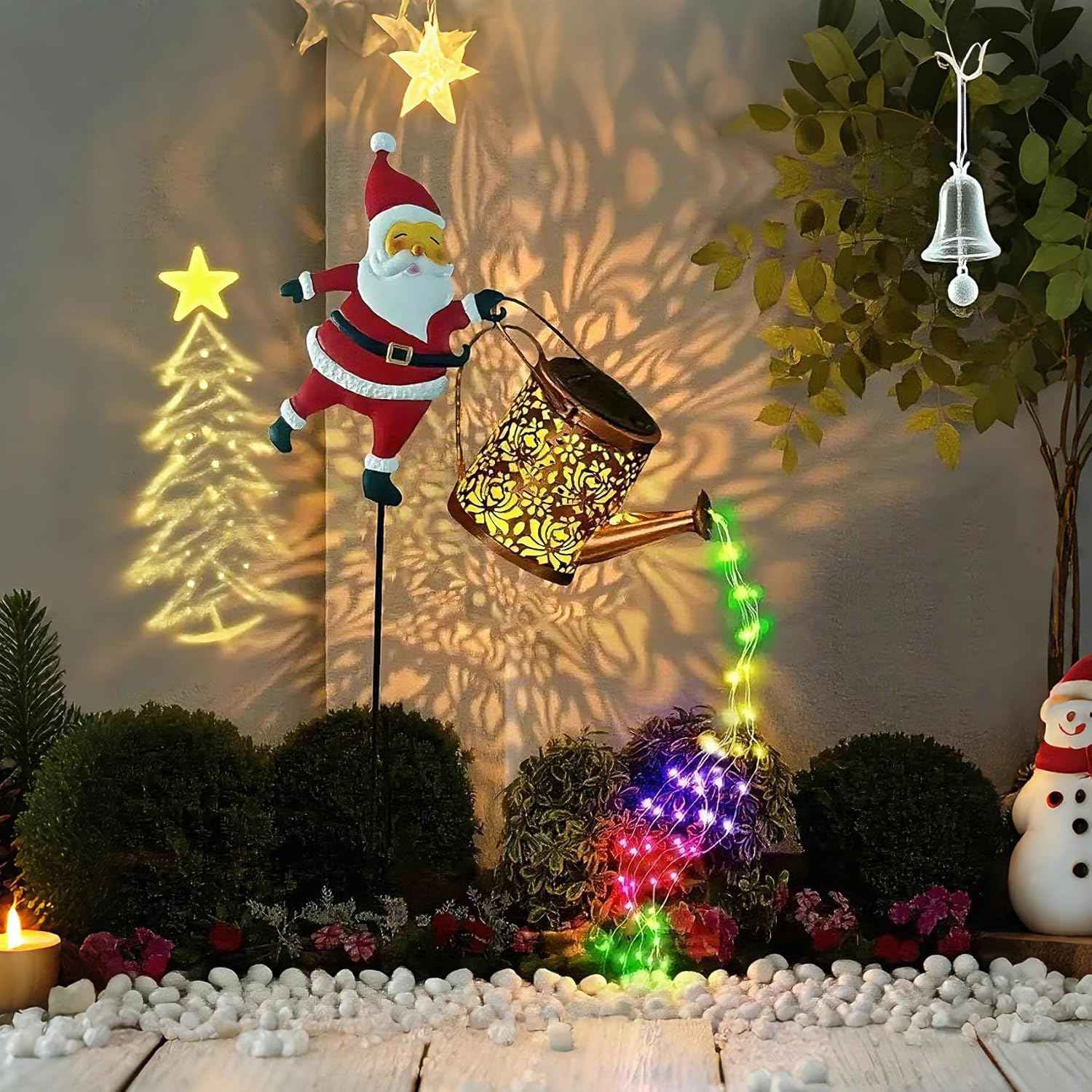 Solar Christmas Decorations, 2025 New Santa Claus Solar Watering Can Kettle Lights Outdoor, Metal Waterproof Garden Lantern for Yard, Patio, Lawn, Pathway (CO5 Multicolor)
