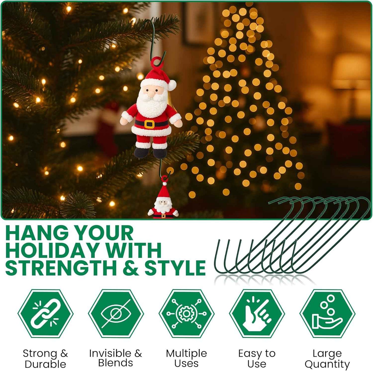Iconikal 450-Count Green Ornament Hooks Heavy Duty 1.4 & 2.5-Inch Christmas Tree Hangers for Large Small Decorations Blends with Tree Bulk Pack