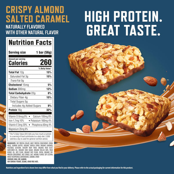 CLIF BUILDERS Protein Bars - Crispy Almond Salted Caramel - 16g Protein - Gluten Free - 6 Pack