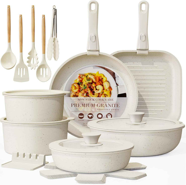 Astercook 23 Pcs Pots and Pans Non Stick Ceramic Cookware Set, Detachable Handle, RV Stackable Kitchen Cooking Set