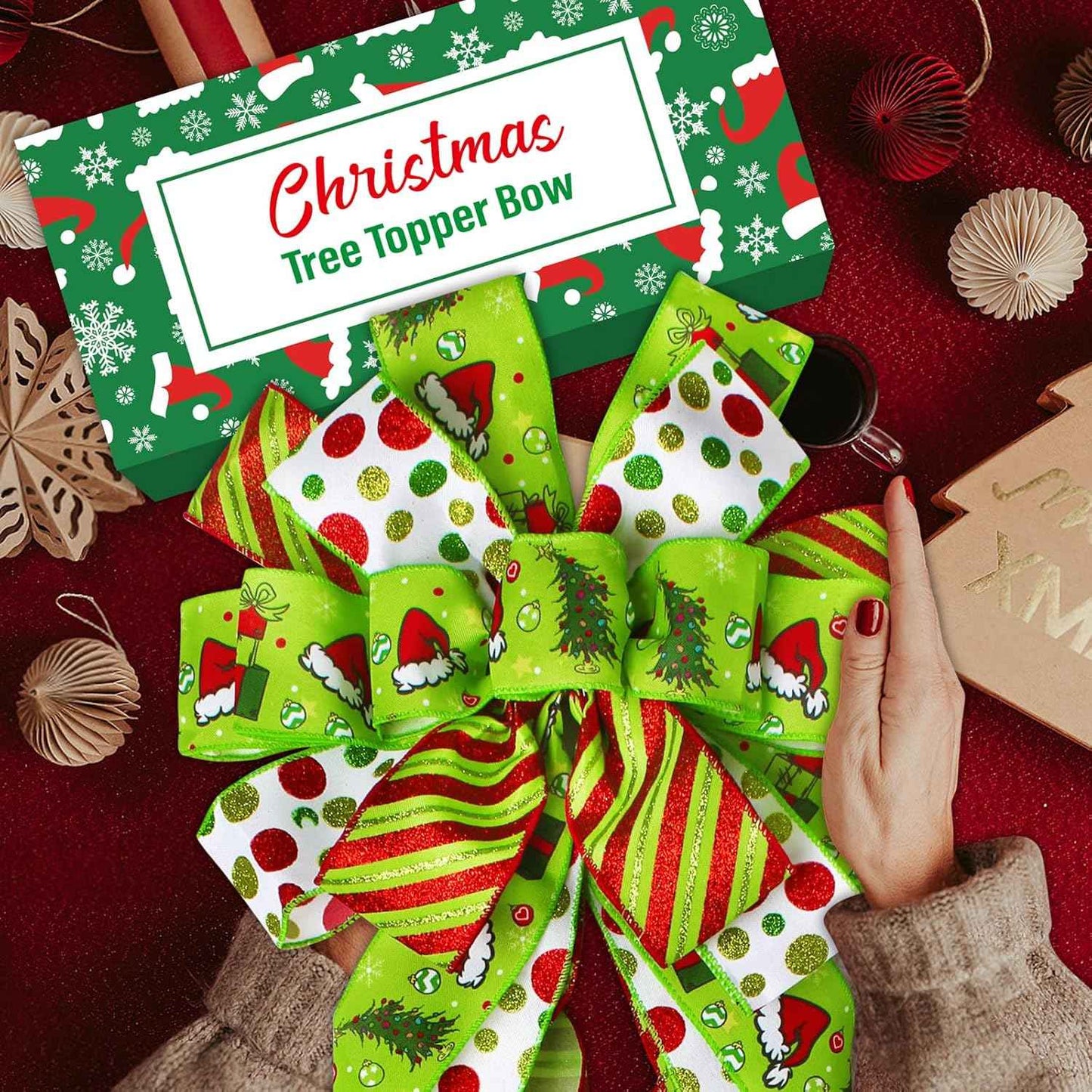 Christmas Tree Topper Bow Wreath, 44 x 13 Inches Large Green Bow Tree Topper,Christmas Wreath for Tree Indoor/Outdoor Christmas Decoration
