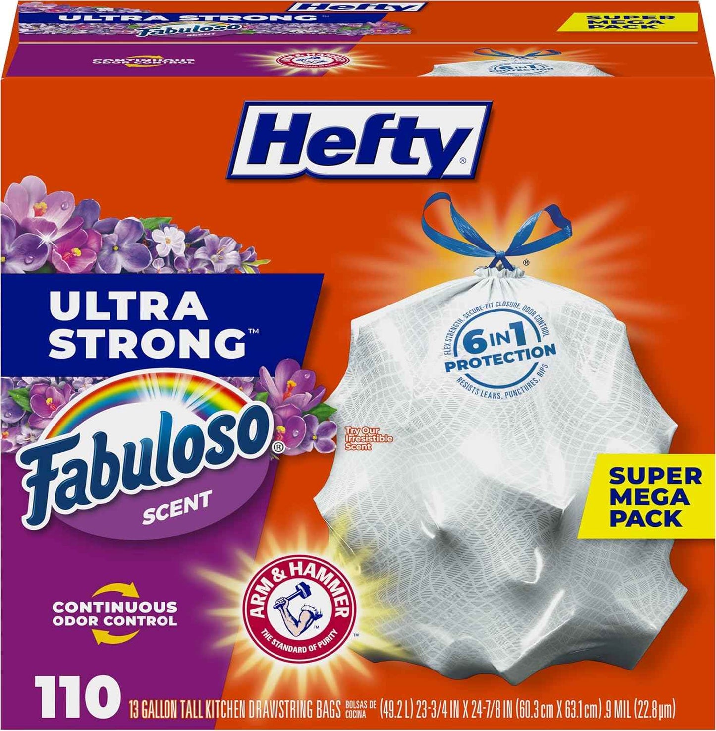 Hefty Ultra Strong Tall Kitchen Trash Bags, Lavender & Sweet Vanilla Scent, 13 Gallon, 80 Count