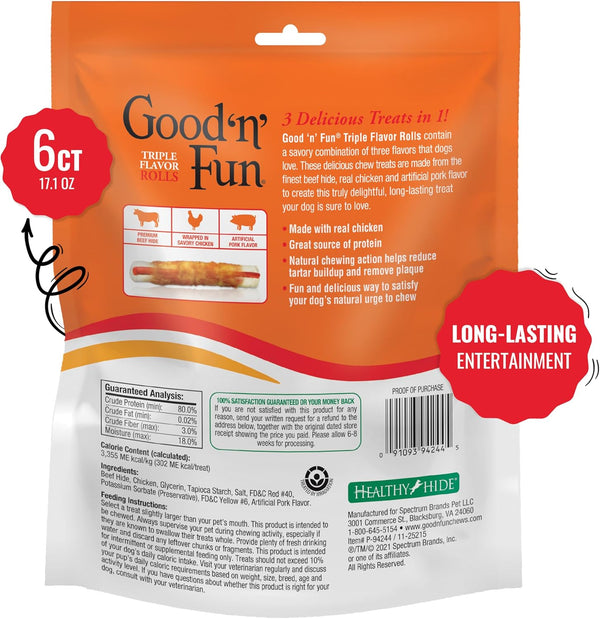 goodnfun triple flavor 7 inch rolls for dogs, 6 count, beef hide and chicken