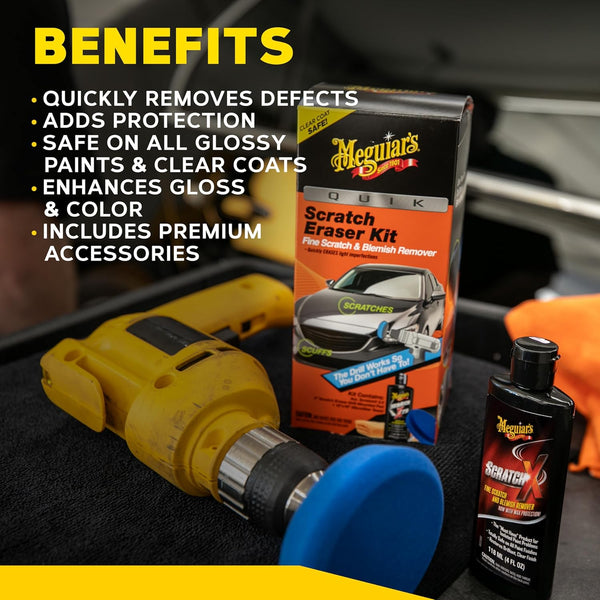 Meguiar's Quik Scratch Eraser Kit for car surface blemishes, includes ScratchX and microfiber towel