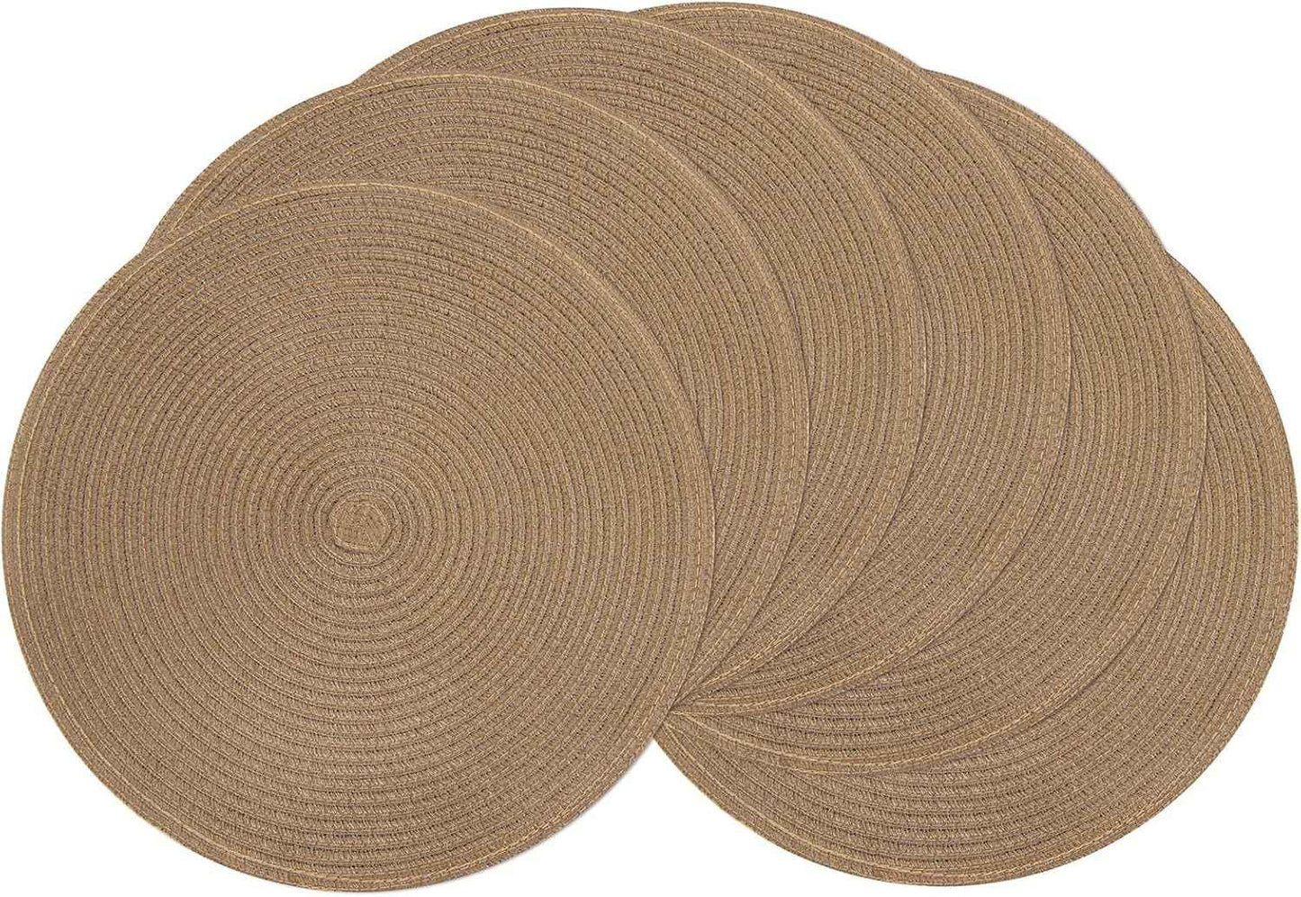SHACOS 15 inch Round Braided Placemats Set of 6 Non Slip Heat Resistant Cotton Polyester Table Mats Washable Place Mats for Kitchen Dining Party Table Decor (Beige, 6)