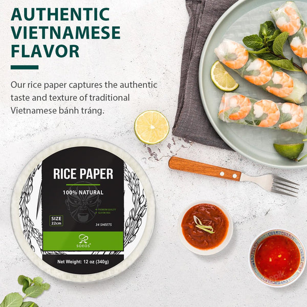 White Rice Paper Wrappers, 34 Sheets, Non-GMO, Gluten-Free, Low Carb, Vietnamese Rice Wraps