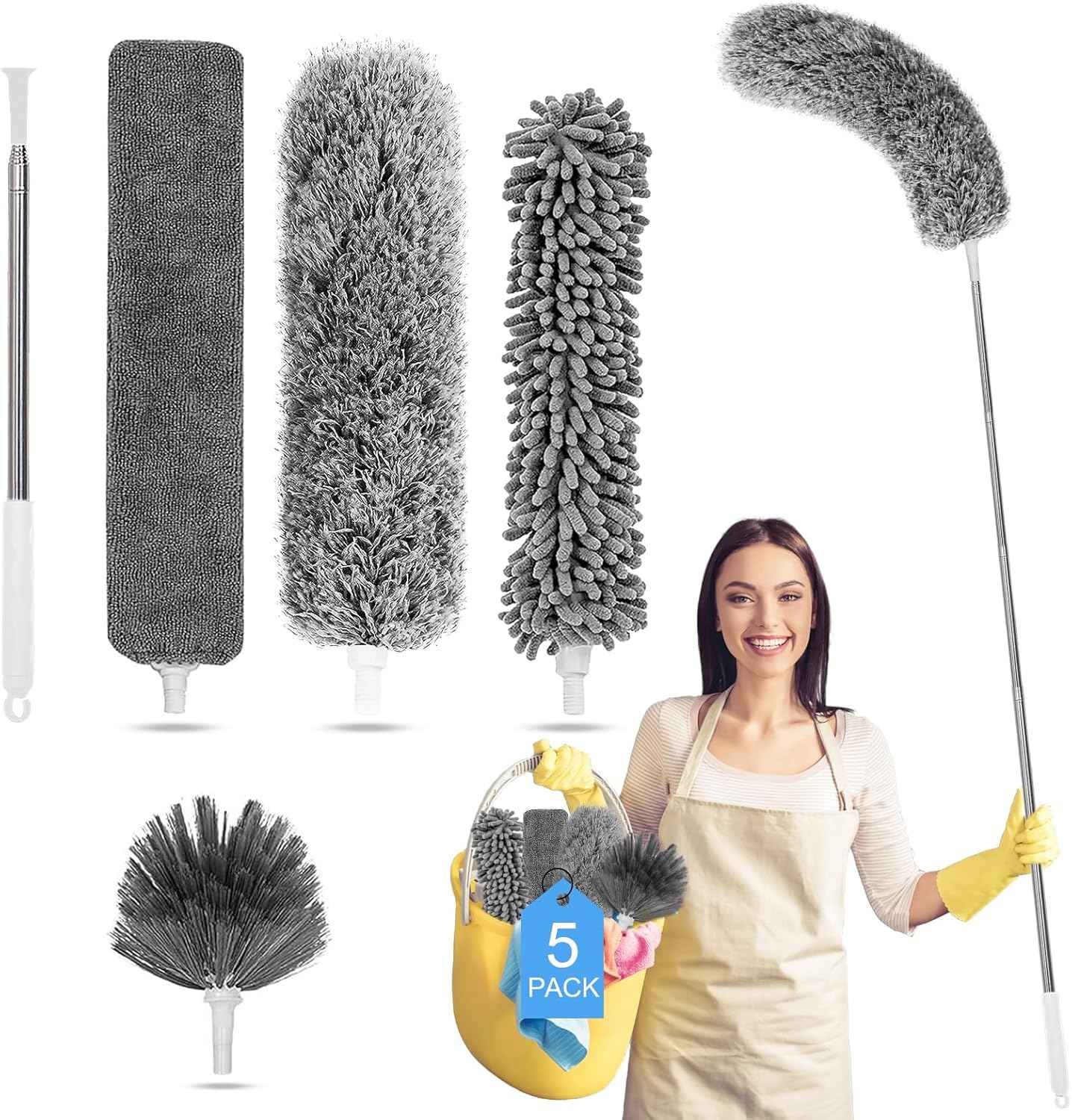 Microfiber Feather Duster 5-in-1 Kit, Dusters for Cleaning, Duster with Extension Pole 100 Inches, Cobweb Duster, Microfiber Dusters for High Ceilings and Fans, Blinds, Cars and Furniture