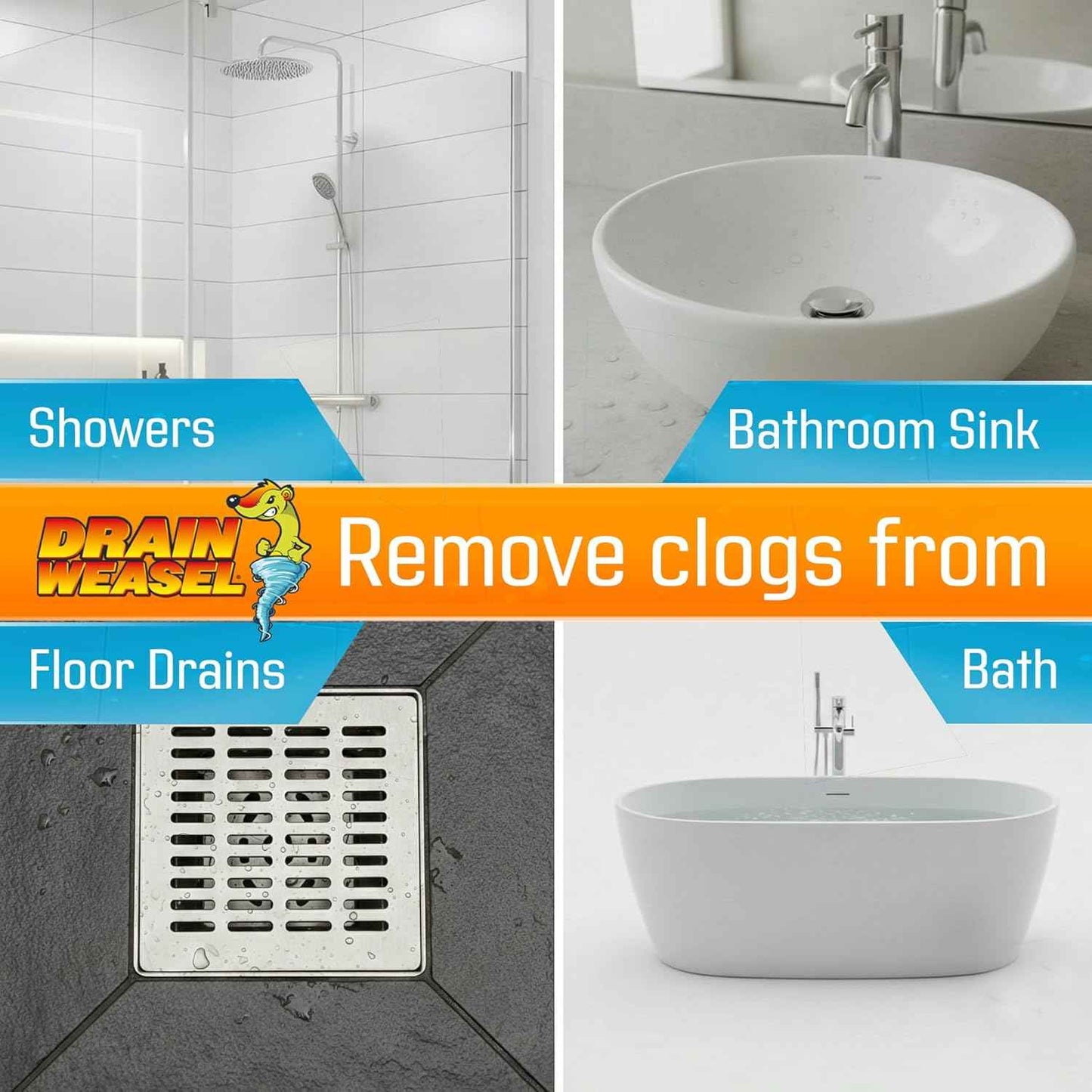 FlexiSnake Drain Weasel Sink Snake Hair Clog Remover Tool, Pipe, Bathroom, Bathtub Cleaner, 18-inch, Made in the USA, 5 Wands and Removable Handle