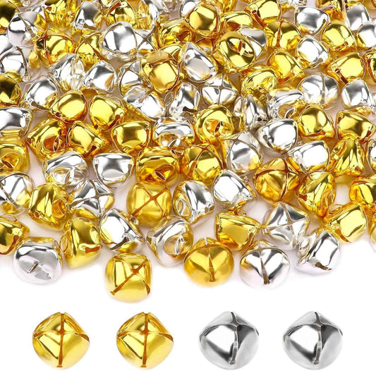 Augshy 100 Pieces Jingle Bells 4/5Inch Craft Bell Bulk for Christmas Home and Pet Decorations Xmas Decor Party Favors Supplies (Gold and Silver)