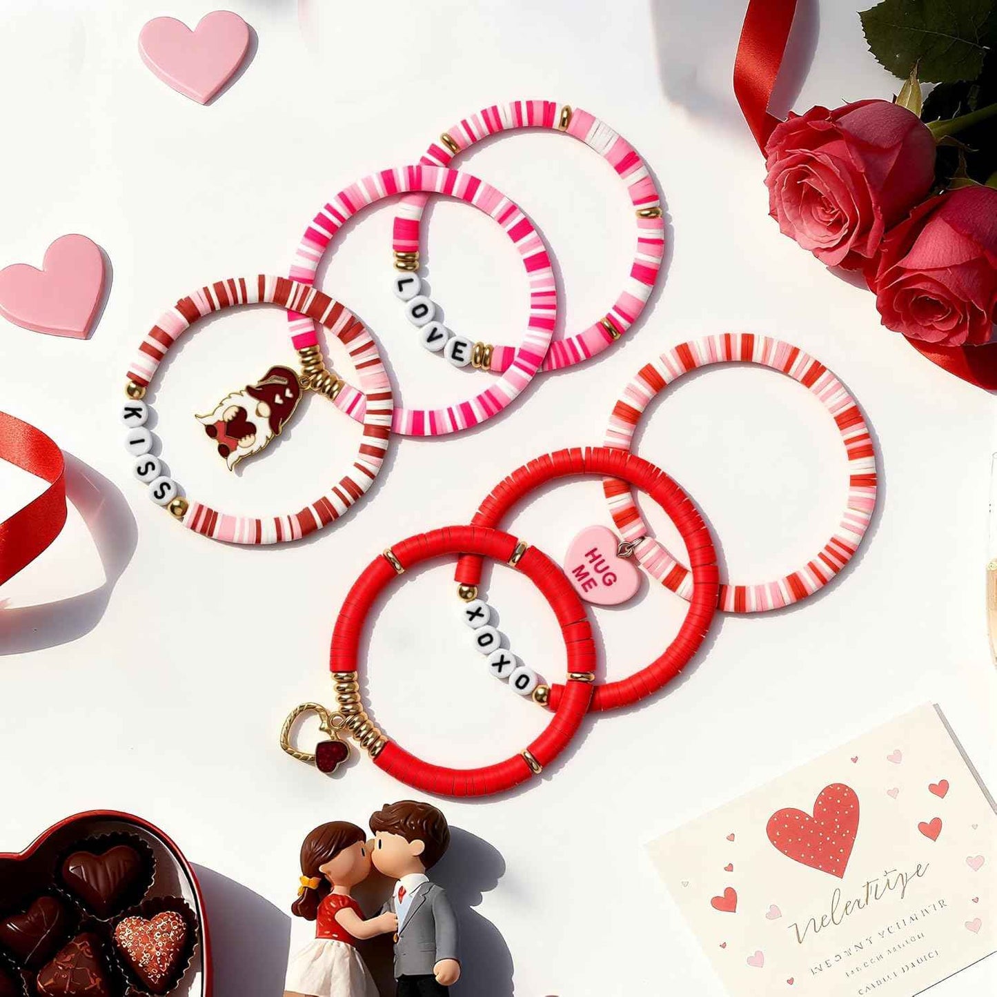 OHOME Valentines Day Outfit Women - 6 Pack Bracelets for Her | Valentines Day Gifts for Her Kids Girls - Valentines Shirts Dress Pajamas | Galentines Decorations Decor Party Supplies