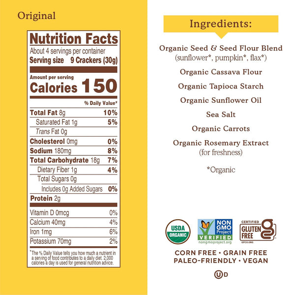 Simple Mills Organic Seed Crackers, Original, Gluten Free, Flax Seed, Sunflower Seeds, Corn Free, Low-Calorie Snacks, Plant Based, Nutrient Dense, 4.25oz, 3 Count
