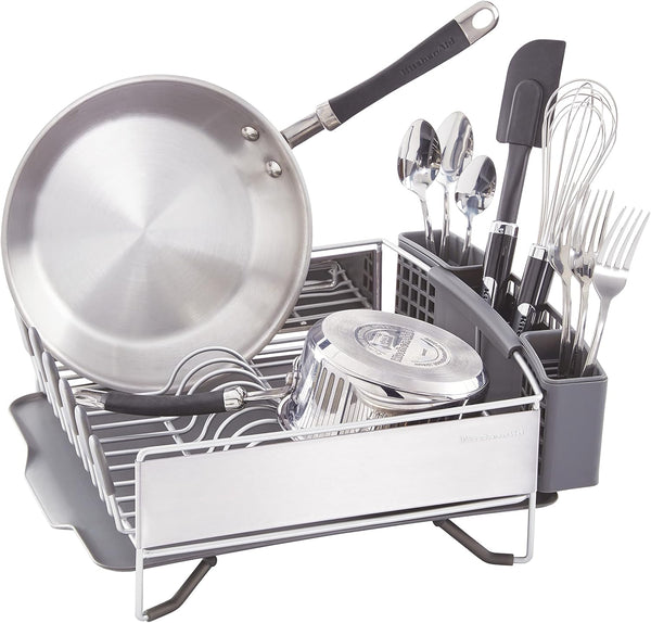 Compact kitchen dish rack with removable flatware caddy and angled drainboard