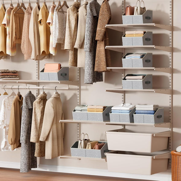 Large closet shelf organizer with fabric storage bins and handles