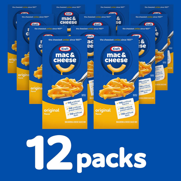 Kraft Mac and Cheese, 12 Boxes, Easy Dinner or Sides, Original Flavor, No Artificial Flavors