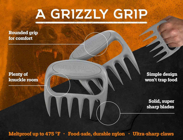 Bear Paws Meat Claws - The Original Meat Shredder Claws for Pulled Pork, USA Made - Easily Lift, Shred, Pull and Serve Pork, Chicken, Brisket and Turkey - Gift for Dad on Father's Day! (Gray)