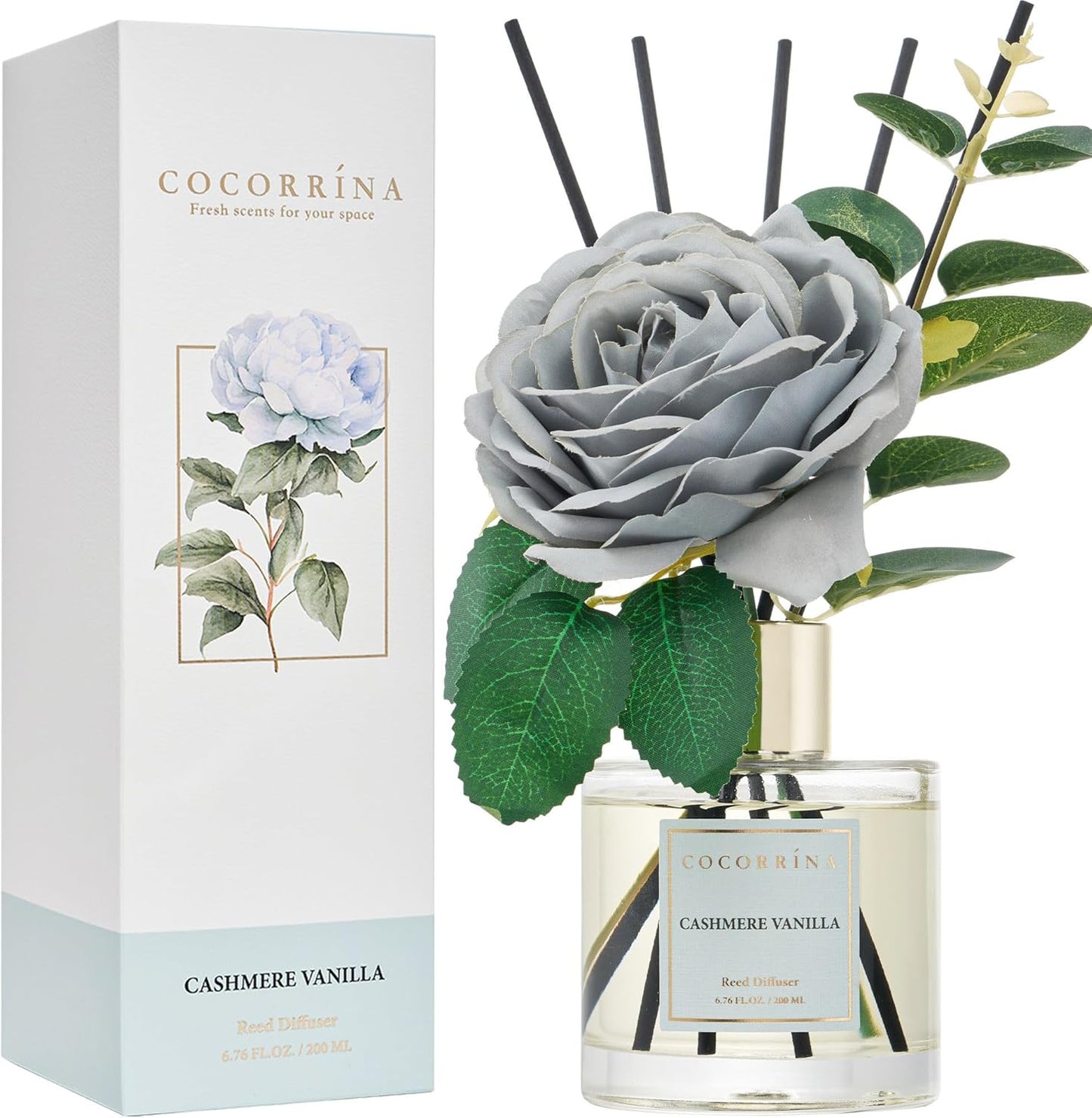 Cocorrína Premium Reed Diffuser Set with Preserved Baby's Breath & Cotton Stick Cashmere Vanilla | 6.7 fl oz Scent Fragrance Oil Diffuser for Bedroom Bathroom Home Décor