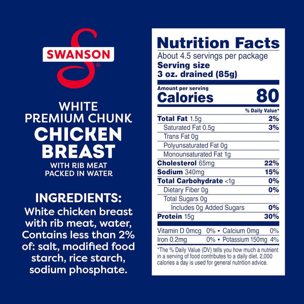 Swanson White Premium Chunk Chicken Breast with Rib Meat in Water, 12.5 oz (Pack of 2) for Salads or Recipes