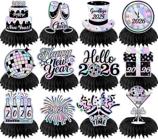 Happy New Year 2026 Honeycomb Centerpieces,Iridescent New Years Eve Decorations 12pcs New Years Table Decorations Centerpiece for 2026 New Year's Eve Supplies