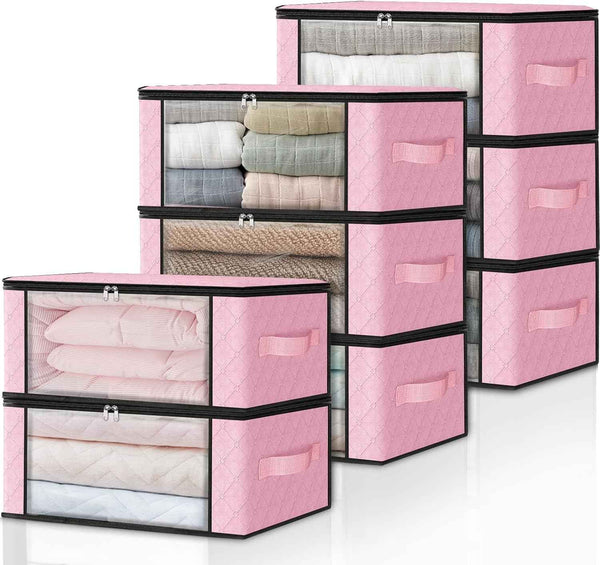 HomeHacks Storage 3-Pack Clothes Organizer Storage Bags Foldable Storage Box with Large Clear Window Sturdy Handles for Closet, Dorm, Pillows, Bedding, Clothes, Blankets, 35L, Gray