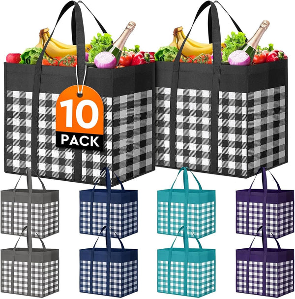 WISELIFE Reusable Grocery Shopping Bags 10 Pack Large Foldable Tote Bags Bulk, Eco Produce Bags with Long Handle for Shopping Groceries Clothes (Grey&Black)