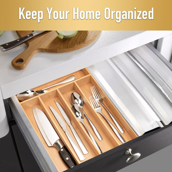 Bamboo Silverware Organizer for Kitchen Drawer with 5 Slots