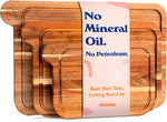 Non-toxic cutting board set made from FSC certified acacia wood, free of mineral oil, includes 3 chopping boards.