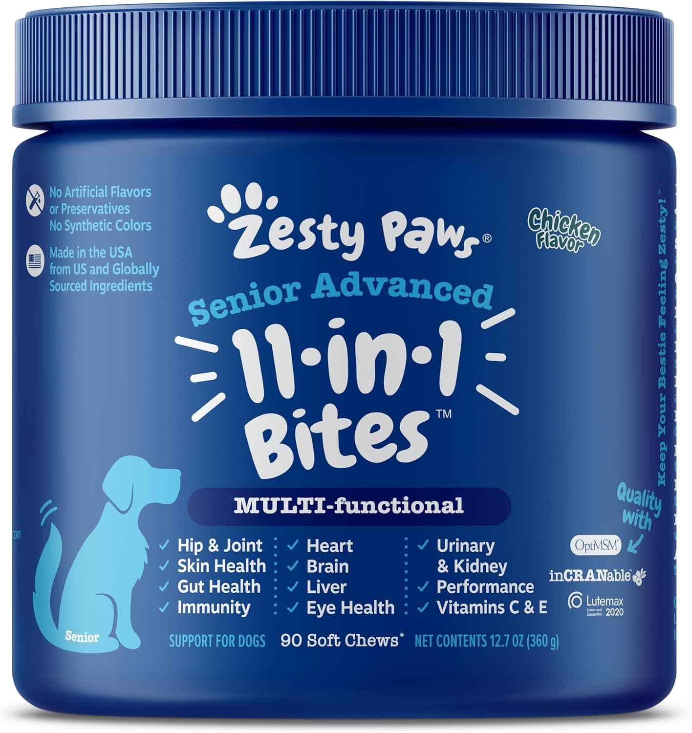 Zesty Paws Dog Multivitamin, Chewable Dog Vitamins and Supplements for Hip & Joints, Skin & Coat, Omega 3 Fish Oil for Dogs- Senior & Puppy Multivitamin- Chicken- 90ct
