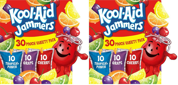 Kool-Aid Jammers Drink, 30 Pouches, for School Lunches and On-the-Go Hydration, Artificially Flavored Tropical Punch, Grape and Cherry Flavors, 6 fl oz