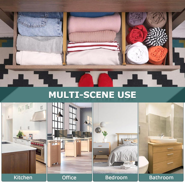 Adjustable bamboo drawer dividers for kitchen, dresser, and closet