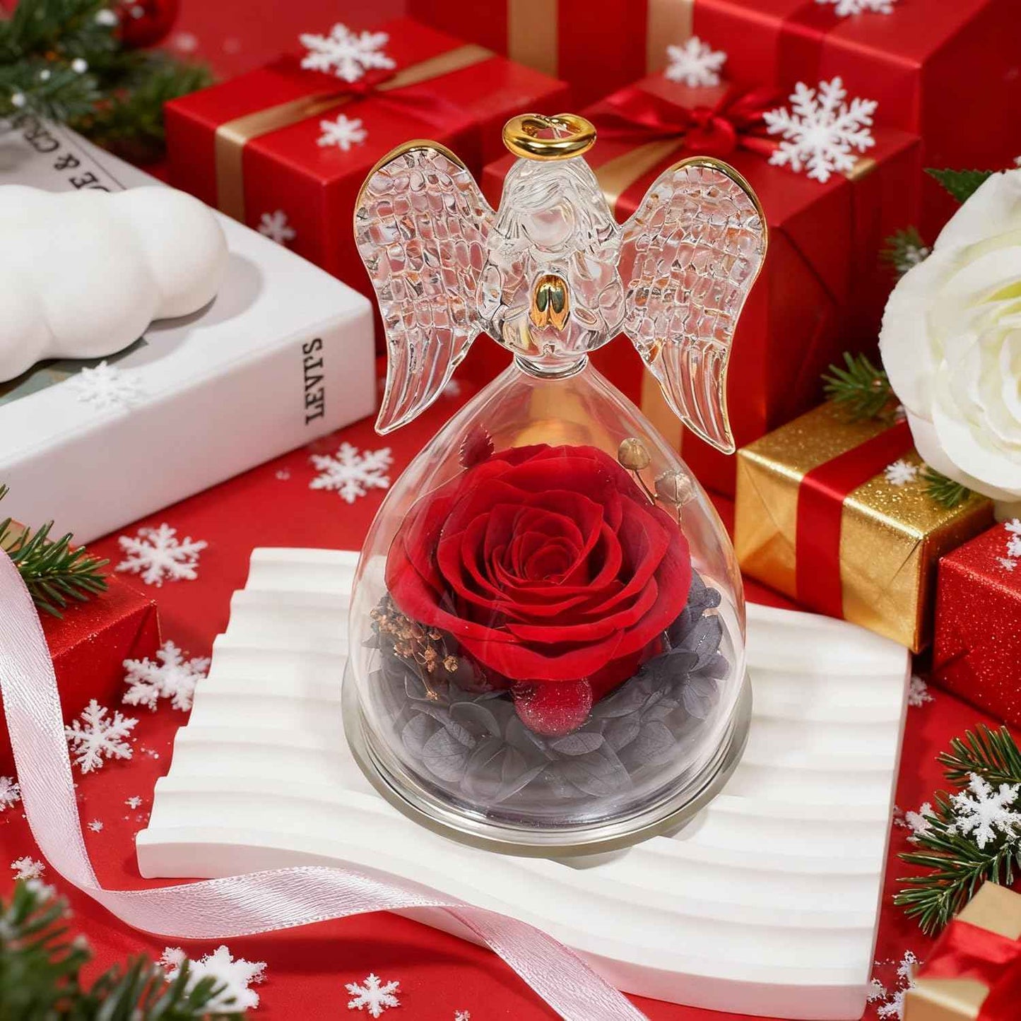 Sunia Valentines Day Rose Gifts for Women, Birthday Gifts for Mom Grandma, Forever Preserved Flower in Glass Angel Figurines Flowers for Delivery Prime, Mothers Day Real Roses for Her Wife