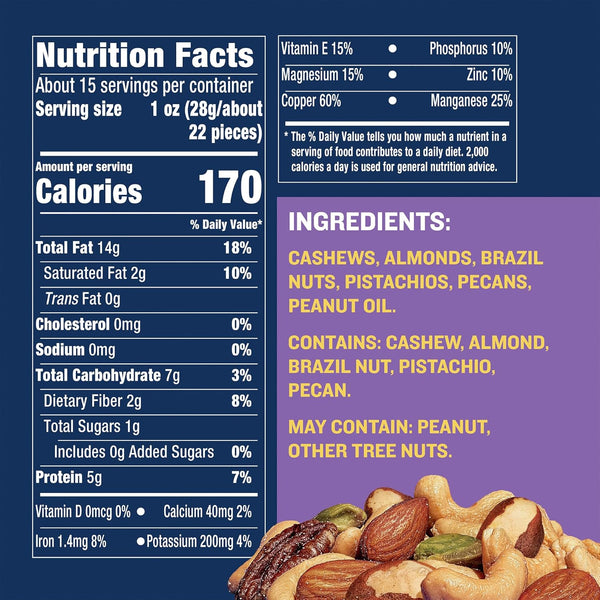 PLANTERS Unsalted Mixed Nuts Canister with Cashews, Pistachios, Almonds, Brazil Nuts, and Pecans, 15.25 oz