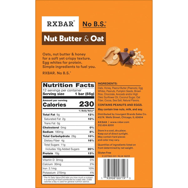 RXBAR Nut Butter and Oat Protein Bars, 12 Count, Dark Chocolate Peanut Butter, 23.2oz Box