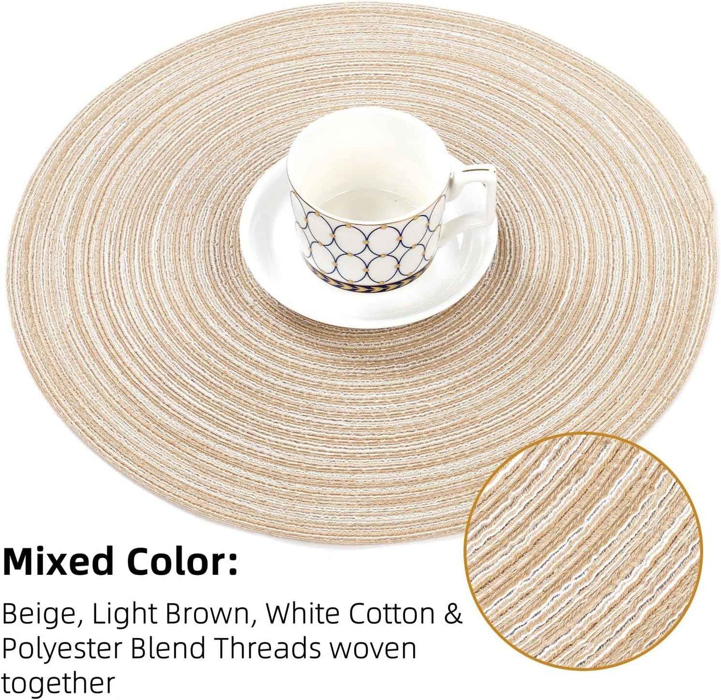 SHACOS 15 inch Round Braided Placemats Set of 6 Non Slip Heat Resistant Cotton Polyester Table Mats Washable Place Mats for Kitchen Dining Party Table Decor (Beige, 6)