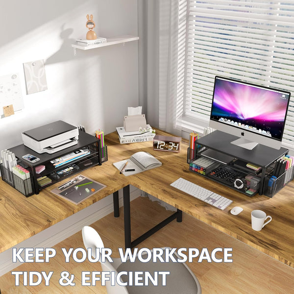 2-Tier Computer Monitor Stand Riser with Drawer and Pen Holders for Office Supplies