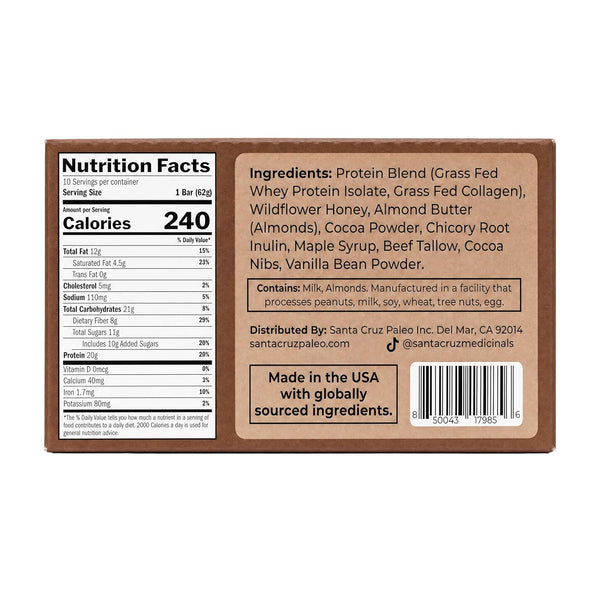 Grass-Fed Whey and Collagen Protein Bar, 20g Protein, Chocolate Flavor, Pack of 10