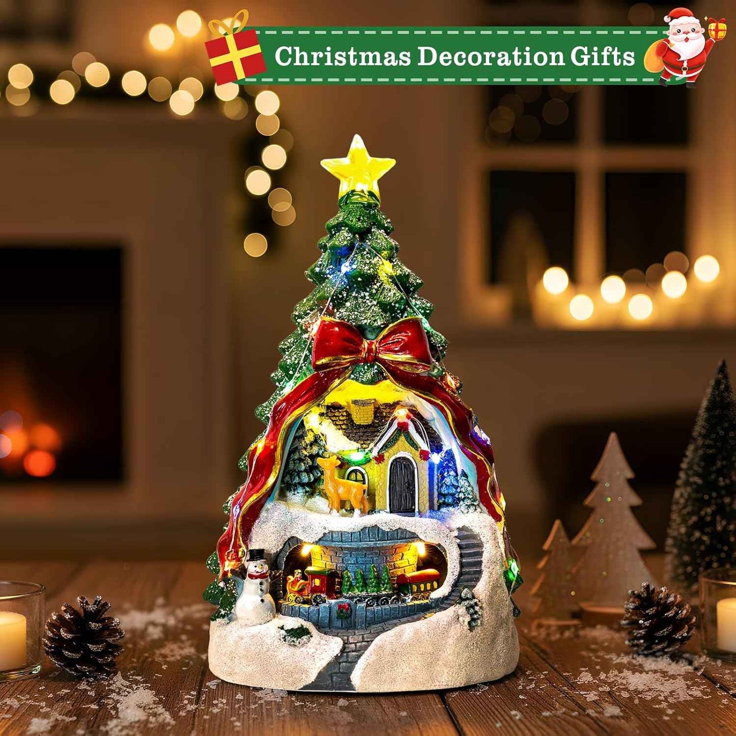 Animated Collection Figurines Musical Christmas Tree Spinning Train Deer Snowman with Rotating Train, Lighted Christmas Collection Figurines for Home Tabletop Decorations Ornaments Gifts