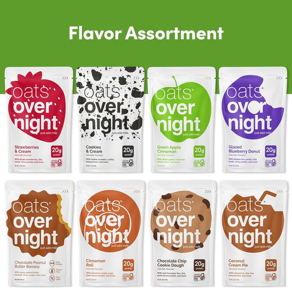 Oats Overnight Party Variety Pack - High Protein, High Fiber Breakfast Protein Shake - Gluten Free Oatmeal, Non GMO Oatmeal - Cookies & Cream, Coconut Cream Pie & More Flavors (8 Pack)
