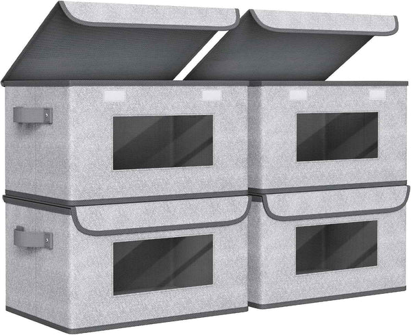Univivi Fabric Foldable Storage Boxes [4-Pack] Large Collapsible Stackable Storage Bins with Lids, Closet Organizers and Storage Cube Basket for Home, Office, Bedroom (Gray, 17“ x 12” x 12")