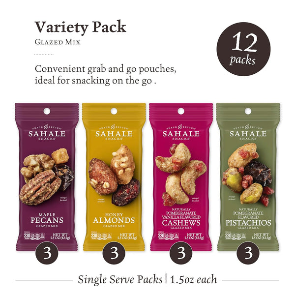 Sahale Snacks Glazed Mix Nut Blend Variety Pack, 12 Total Packs, 1.5 Oz Grab & Go Bags
