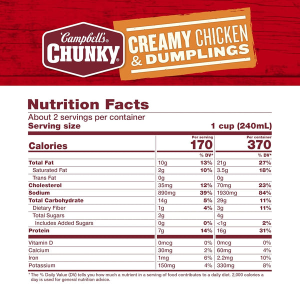 Campbell's Chunky Creamy Chicken and Dumplings Soup, 18.8 Oz Can, Protein Rich Comfort Food