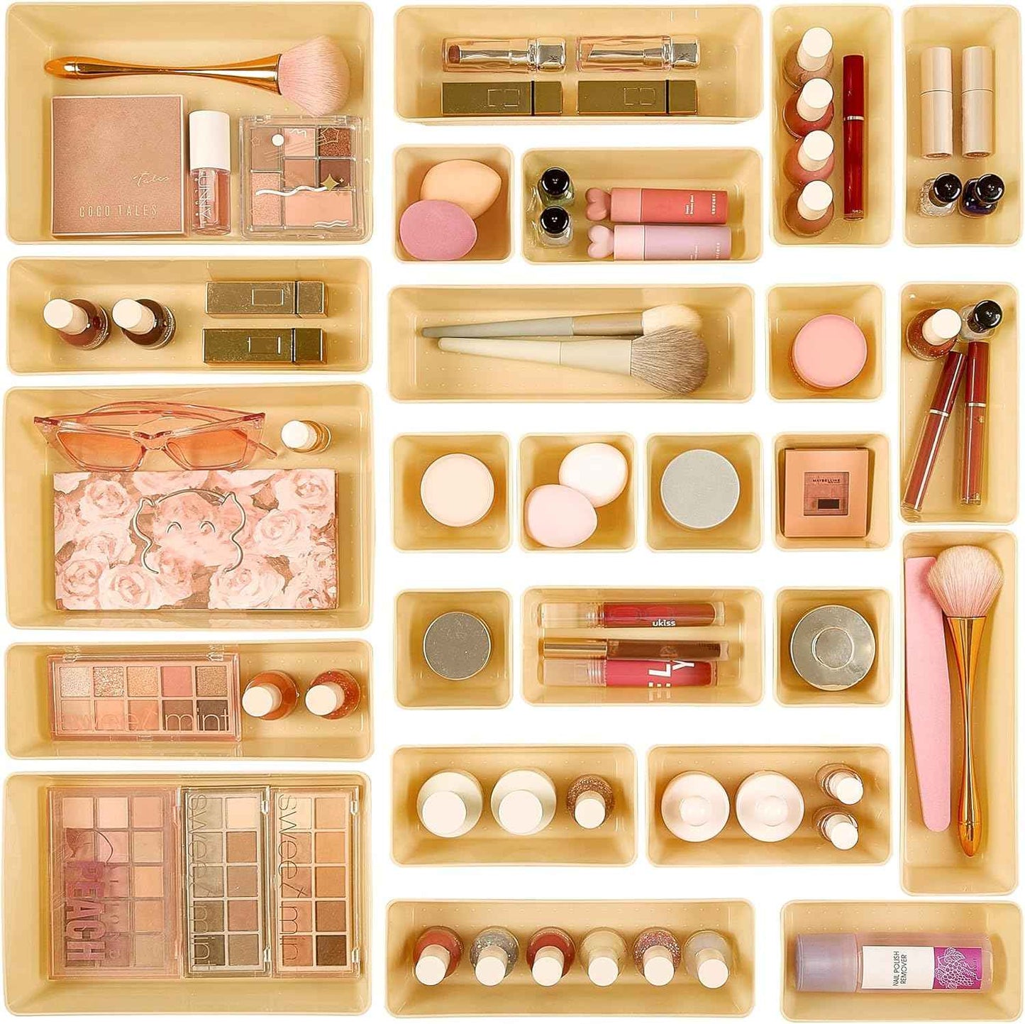 Vtopmart 25 PCS Clear Plastic Drawer Organizers Set, 4-Size Versatile Bathroom and Vanity Drawer Organizer Trays, Storage Bins for Makeup, Bedroom, Kitchen Gadgets Utensils and Office