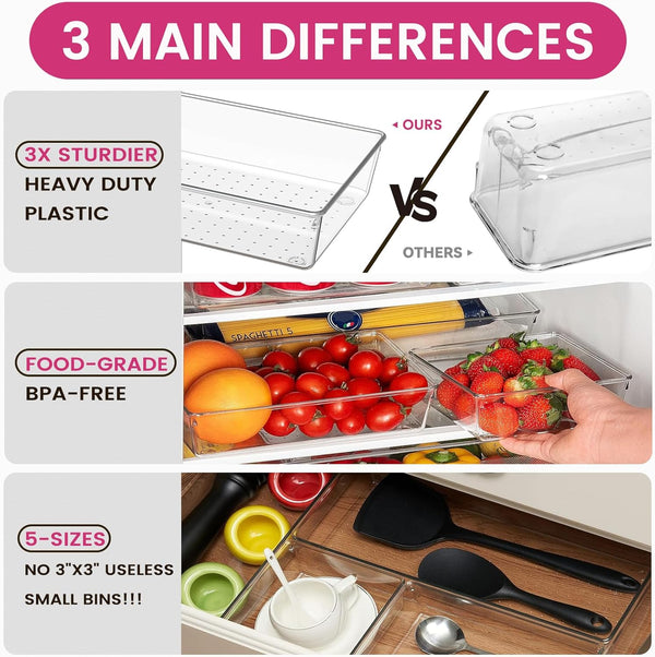 Large drawer organizer bins for kitchen, bathroom, and office use