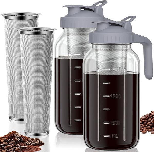 Heavy Duty Glass Mason Pitcher with Spout Lid and Stainless Steel Filter