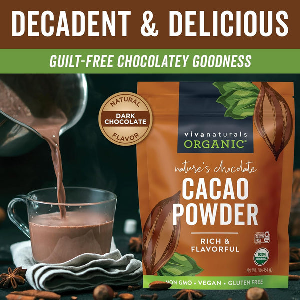 Organic Unsweetened Cacao Powder 1 lb (454 g) Rich Dark Chocolate Flavor Vegan Keto Paleo Non-Gmo Gluten-Free