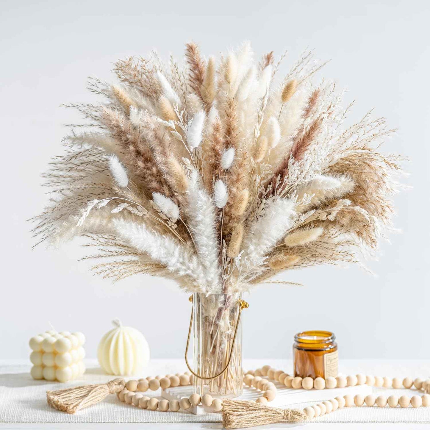 70PCS Natural Dried Pampas Grass Boho Home Decor Bouquet Phragmites Dried Flowers Bouquet for Wedding Floral Arrangements Home Decorations (70PCS)
