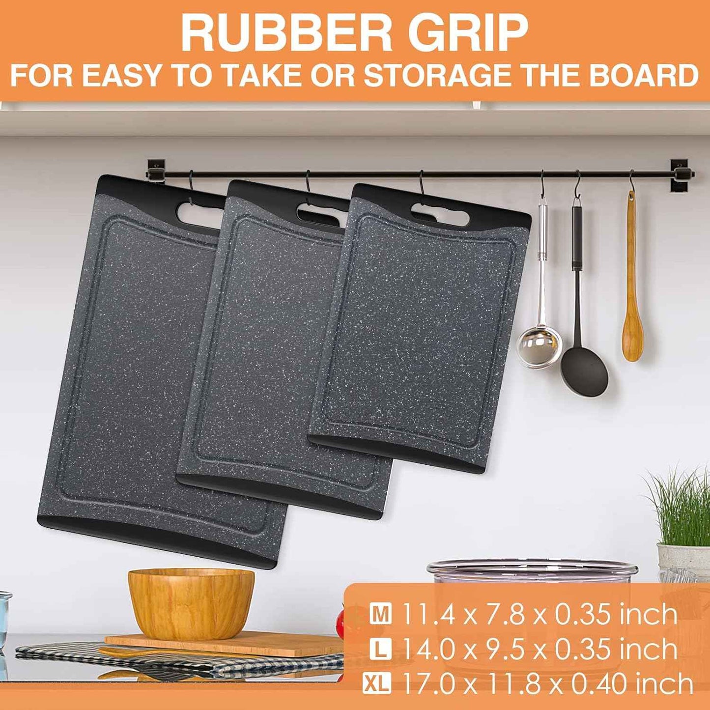Extra Large Cutting Boards, Plastic Cutting Boards for Kitchen (Set of 3) Cutting Board Set Dishwasher Chopping Board with Juice Grooves Easy-Grip Handles, Dark Grey, Empune