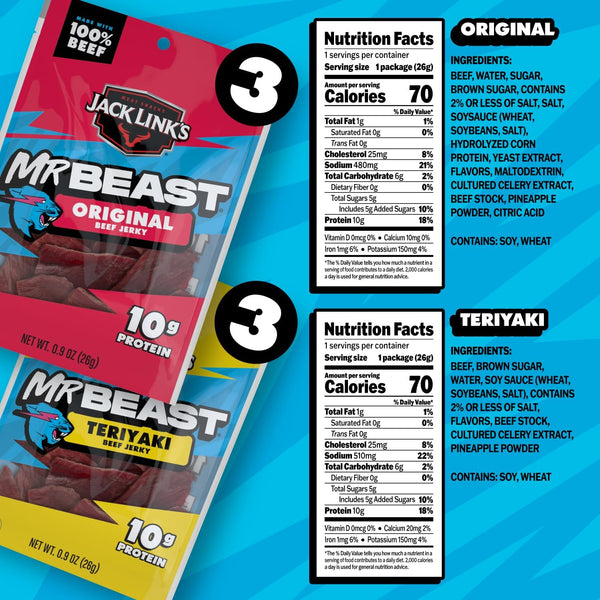 Jack Link's x MrBeast Beef Jerky Variety Pack, 6 Pack, 5.4 oz Bags, Ready to Eat Protein Snacks