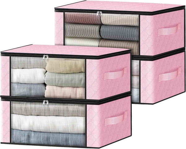 HomeHacks Storage 3-Pack Clothes Organizer Storage Bags Foldable Storage Box with Large Clear Window Sturdy Handles for Closet, Dorm, Pillows, Bedding, Clothes, Blankets, 35L, Gray
