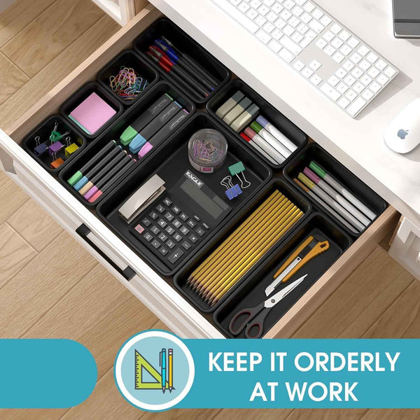 10 PCS Drawer Organizer Set, 4 Size Makeup Drawer Dividers with Non-Slip Pads, Interlocking Plastic Storage Bins for Office, Jewelry Vanity, Gadget, Bathroom, Kitchen